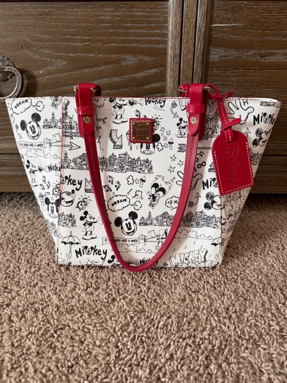 Dooney & Bourke White Mickey Sketch Tote with Red Trim